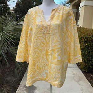 Chico's Linen Paisley Sequin Yellow and White Top XL